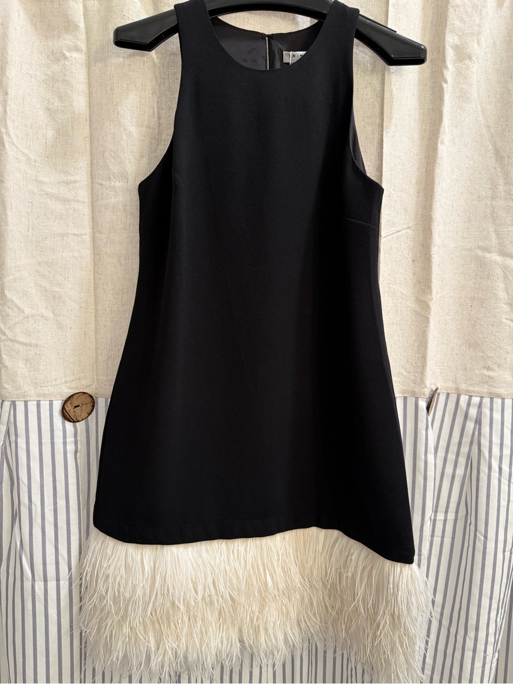 Trina Turk Little Black Sleeveless Dress with White Ostrich Feather Hem